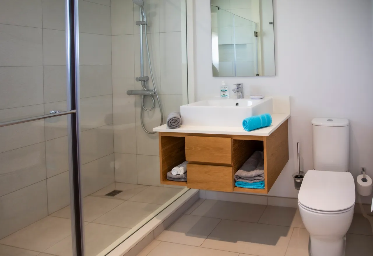 Salle de bain avec douche vitrée et meuble en bois clair.  

Rangement ouvert sous le lavabo pour serviettes et accessoires.  

Ambiance lumineuse grâce à l'éclairage naturel de la fenêtre.  

Surfaces carrelées facilitant l'entretien et ajoutant une touche moderne.  

Éléments décoratifs organisés pour une fonctionnalité optimale.