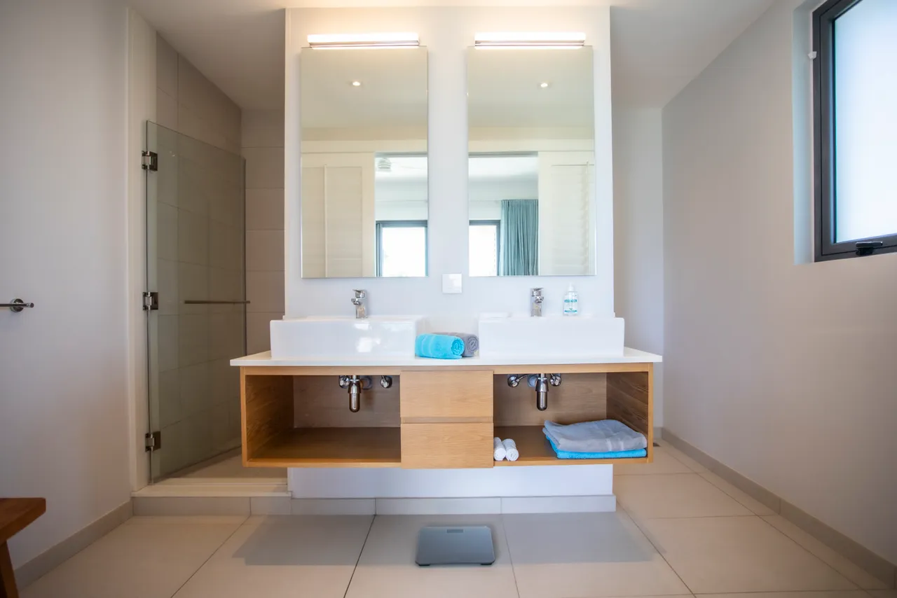 Salles de bain modernes avec double vasque et miroir éclairé.  

Espace de rangement intégré pour une organisation pratique.  

Douche vitrée offrant une lumière naturelle et un aspect contemporain.  

Surfaces carrelées facilitant l'entretien et ajoutant de la clarté.  

Éclairage indirect créant une ambiance agréable et relaxante.