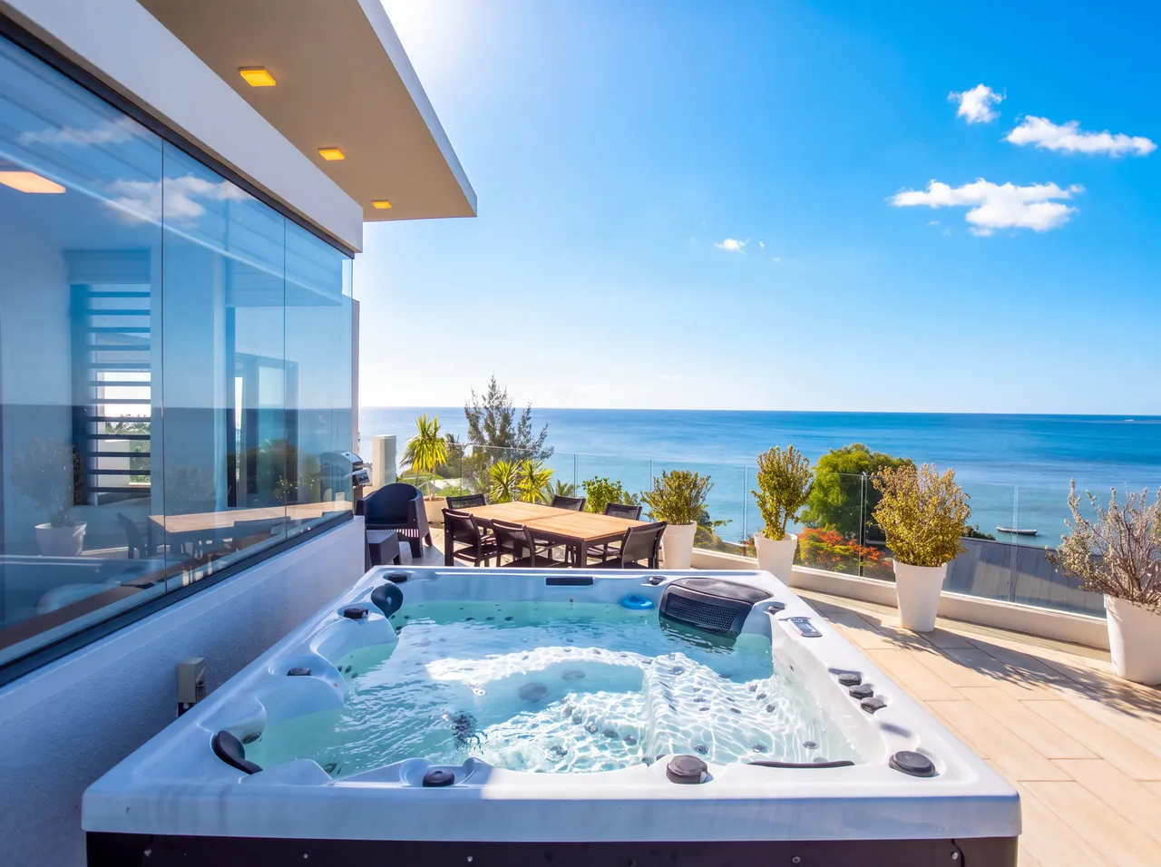Espace extérieur avec jacuzzi offrant une vue dégagée sur la mer. Table en bois pour repas en plein air.