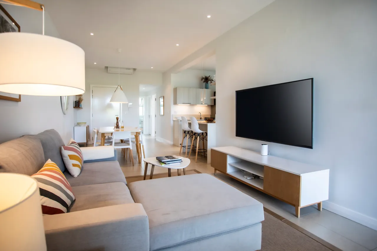 Lumière naturelle et grand écran TV dans un salon spacieux et ouvert.