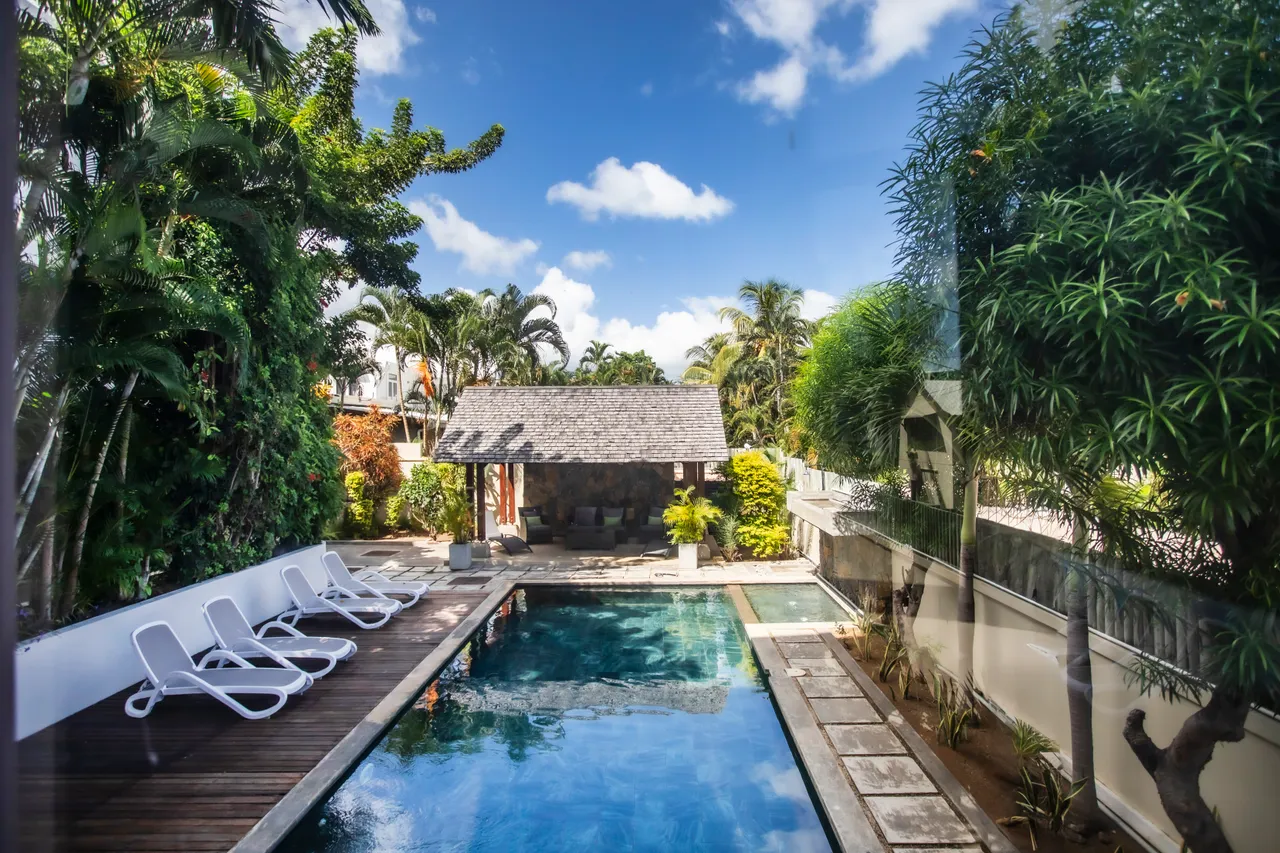 Espace extérieur avec piscine entourée de verdure luxuriante.  

Chaises longues disposées sur une terrasse en bois pour la détente.  

Abri en bois offrant de l'ombre près de la piscine.  

Végétation tropicale créant une ambiance tranquille et naturelle.  

Ciel dégagé ajoutant une luminosité agréable à l'ensemble.