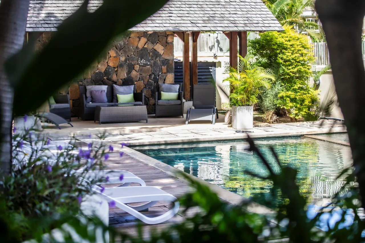 Vue sur la piscine à travers la végétation, créant une ambiance sereine.  
Chaises longues disposées à proximité de la piscine pour se relaxer.  
Coin salon abrité avec coussins, offrant un espace confortable à l'extérieur.  
Plantes tropicales ajoutant de la verdure autour de l'espace piscine.  
Terrasse en bois fournissant un accès direct à l'eau