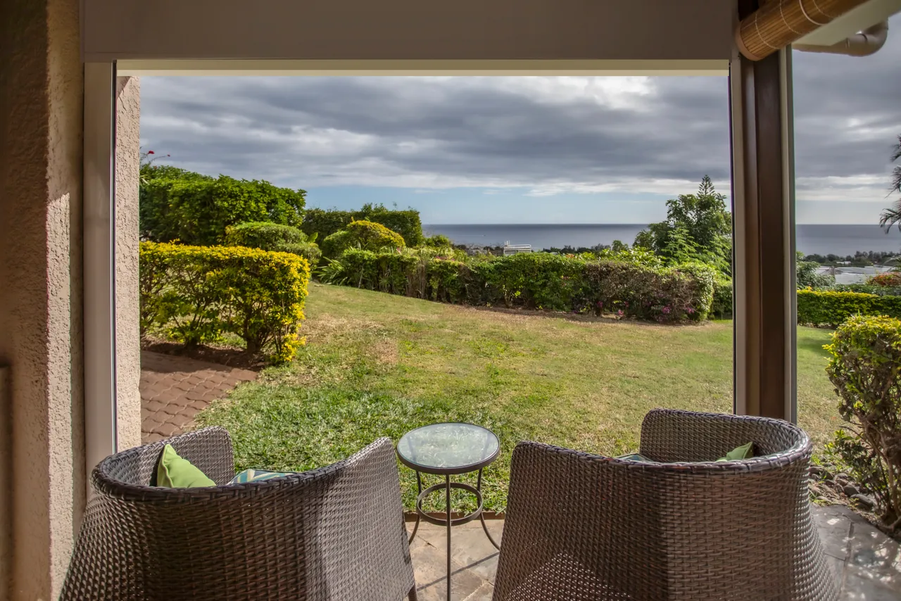 Espace extérieur avec fauteuils et vue sur le jardin et l'océan.