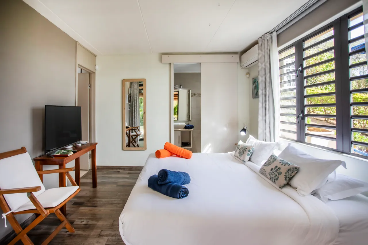 Chambre avec lit double, télévision et éclairage naturel. 

Mobilier en bois et décor épuré, créant une ambiance sereine. 

Fenêtres à volets permettant un contrôle de la lumière. 

Salle de bain attenante avec miroir et éclairage pratique. 

Espace de rangement optimisé avec un bureau en bois.
