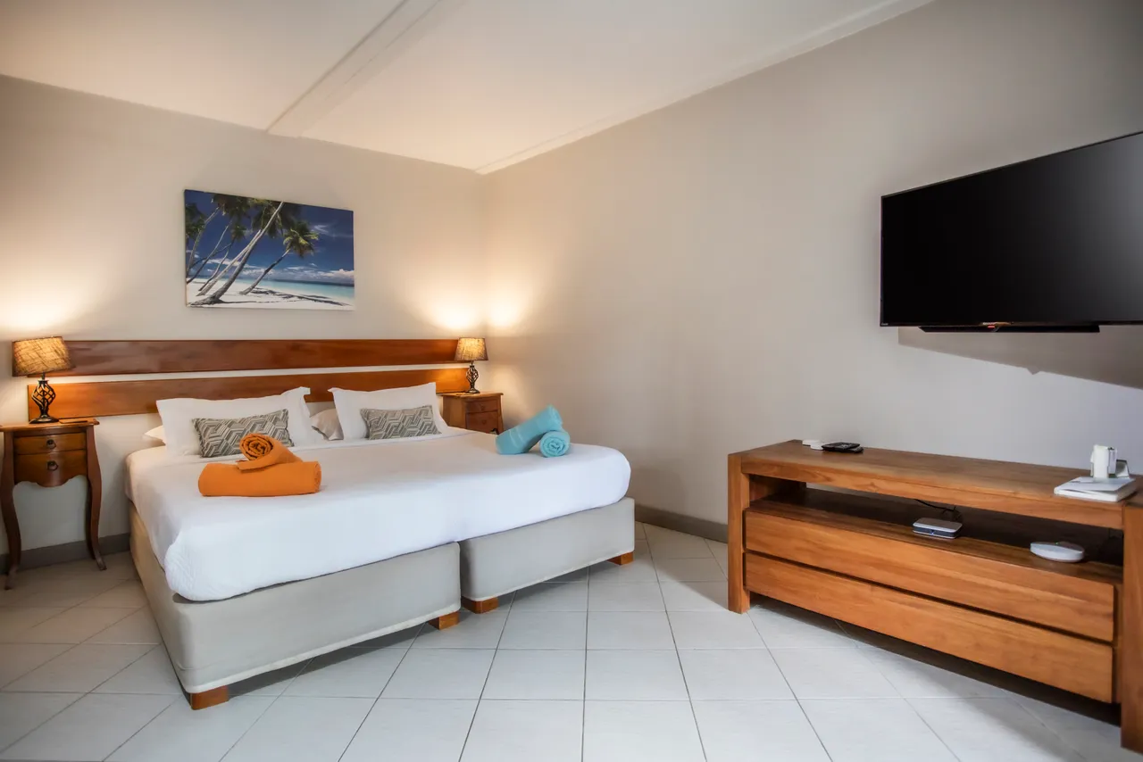 Chambre avec lit double, décoration sobre et télévision à écran plat. Éclairage doux et mobilier en bois clair.