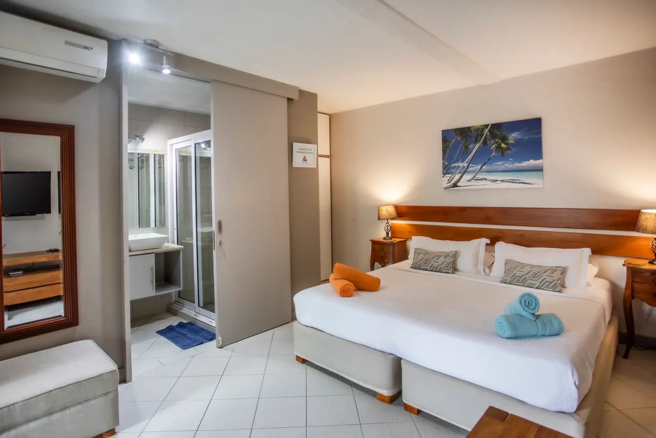 Chambre lumineuse avec lit double et décoration épurée. Accès à une salle de bain attenante avec douche.