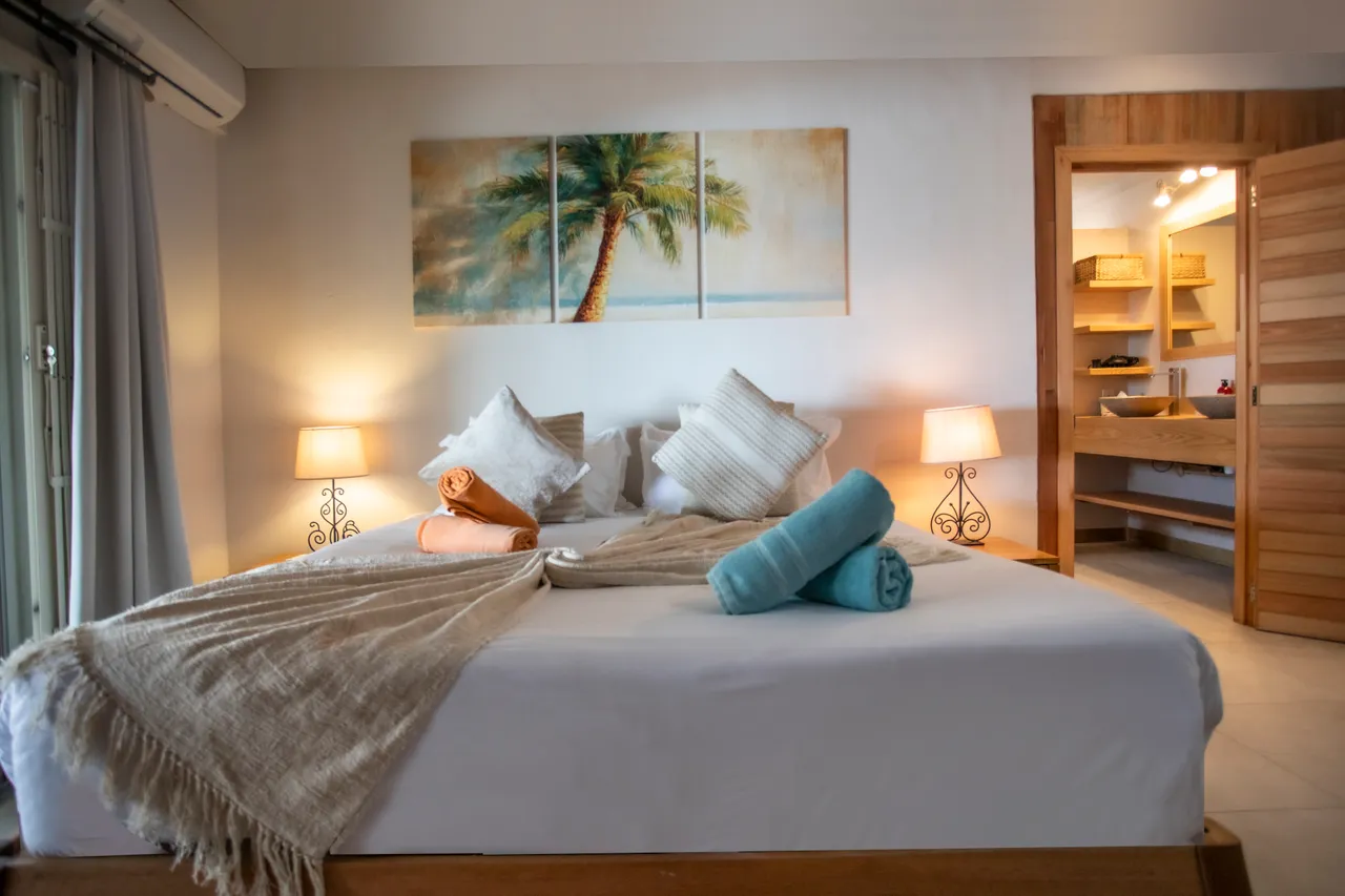 Chambre avec un lit double et des coussins colorés. Éclairage doux avec des lampes de chevet. Rangement accessible par une porte en bois.