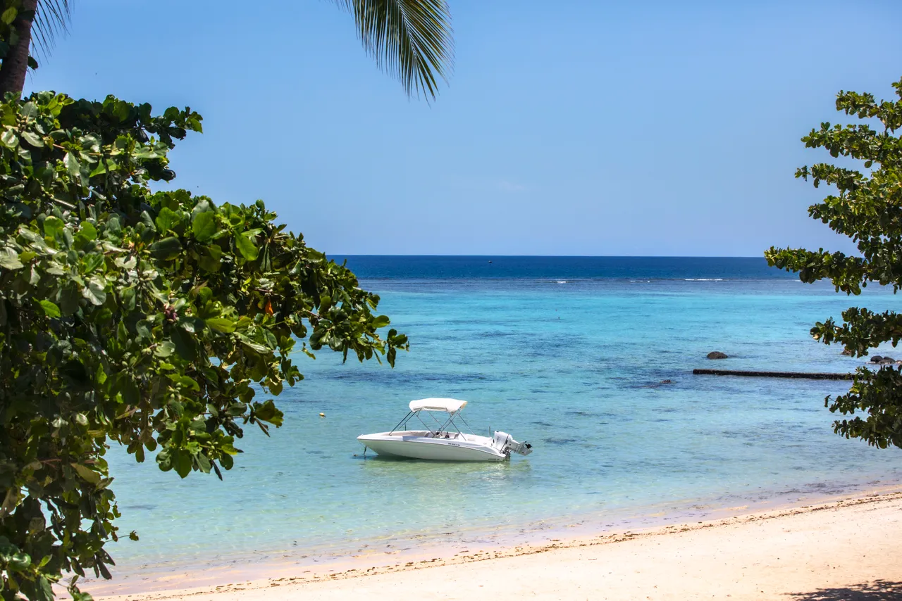 Vue sur la mer depuis le jardin, avec un bateau amarré au large.
