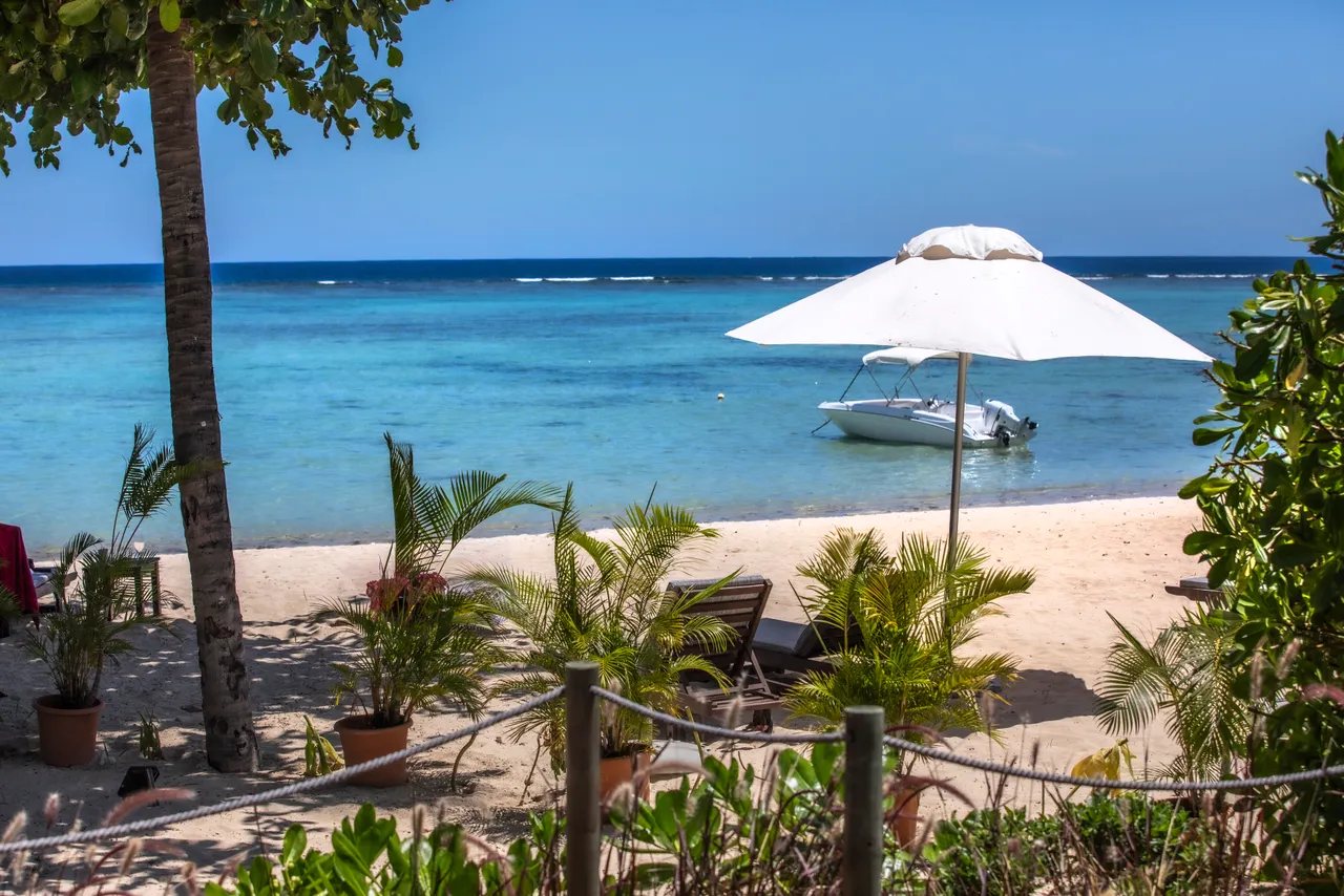 Plage de sable fin avec parasol et chaises longues à disposition.