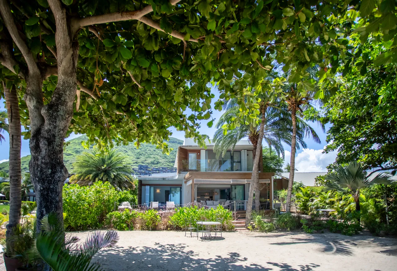 Feuillage verdoyant et ombre sur l'espace extérieur de la villa. Accès direct à la plage depuis le jardin. Terrasse spacieuse avec mobilier de détente. Grandes baies vitrées illuminent les pièces intérieures. Éléments naturels de bois et design contemporain.