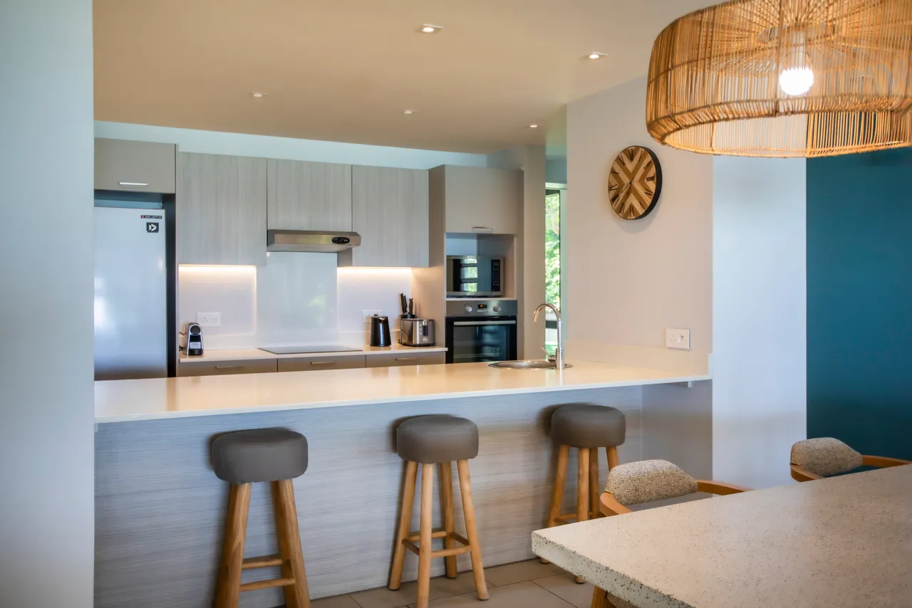Cuisine moderne entièrement équipée avec bar à petit-déjeuner. Éléments en bois ajoutent de la chaleur à l'espace. Luminaires en rotin complètent l'ambiance contemporaine. Vue sur l'extérieur grâce aux fenêtres généreuses.