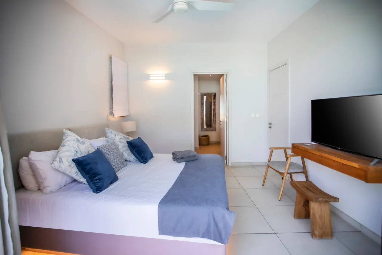 Chambre spacieuse avec lit double et décor minimaliste. Accès direct à une salle de bain attenante. Éclairage naturel grâce aux fenêtres. Mobilier en bois ajoutant une touche chaleureuse.