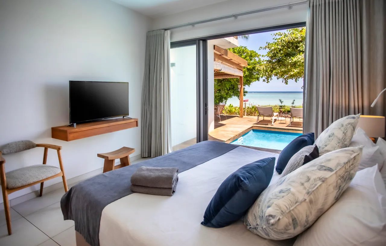Chambre avec lit double et télévision murale. Accès direct à la terrasse et à la piscine. Décor sobre avec des touches de couleur. Fenêtres offrant une vue sur l'extérieur. Mobilier en bois ajoutant une certaine chaleur.