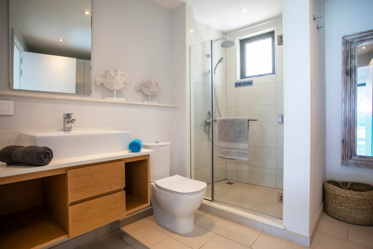 Salle de bain moderne avec douche à l'italienne et meubles en bois. Éclairage naturel grâce à la fenêtre. Accessoires pratiques intégrés pour un usage quotidien. Ambiance épurée avec carrelage clair.