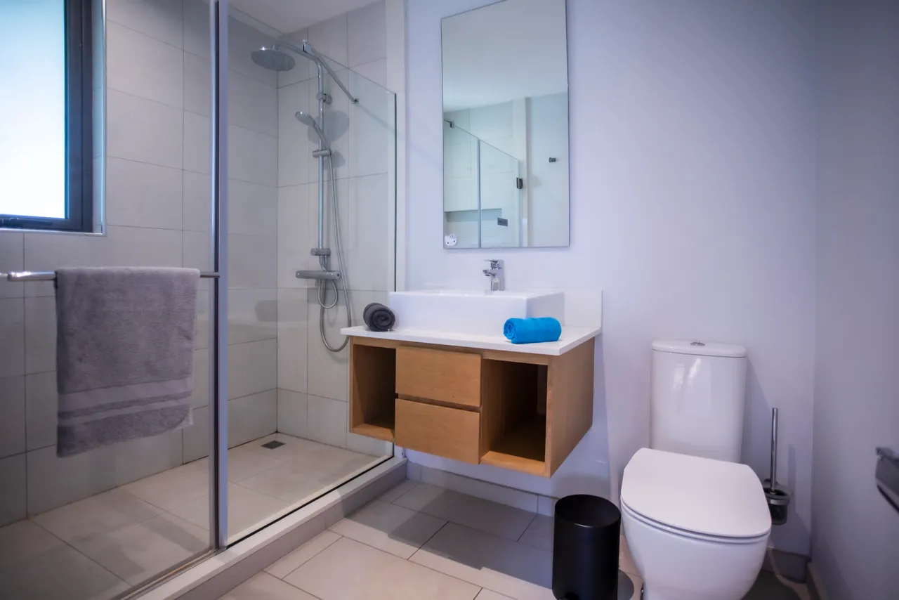 Salle de bain moderne avec douche à l'italienne et rangement intégré. Éclairage naturel grâce à une fenêtre. Toilettes accessibles et aménagement épuré. Textiles doux ajoutent une touche de confort.