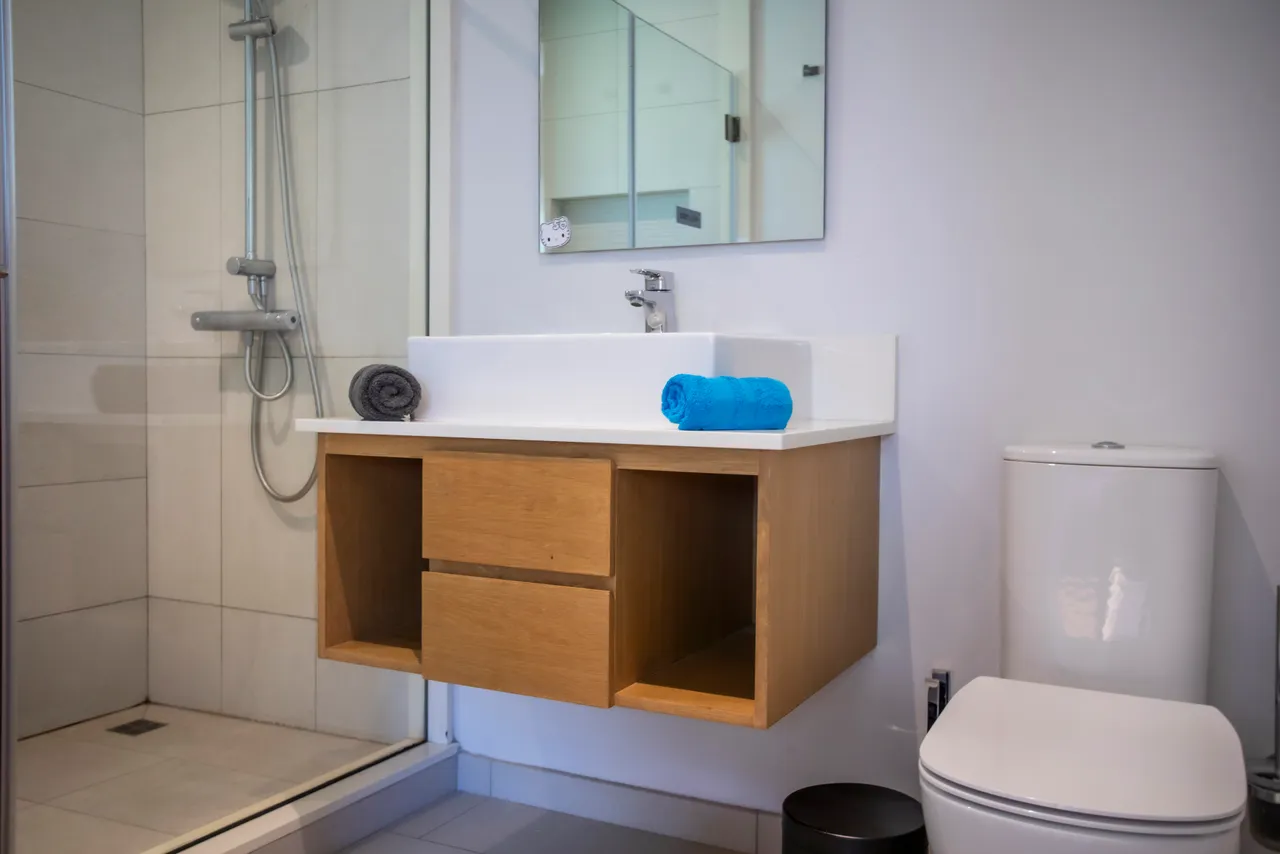 Salle de bain dotée d'une douche à l'italienne et d'un rangement pratique. Éclairage naturel apporté par une fenêtre. Mobilier en bois clair offrant un espace fonctionnel et épuré. Toilettes séparées pour plus de commodité.