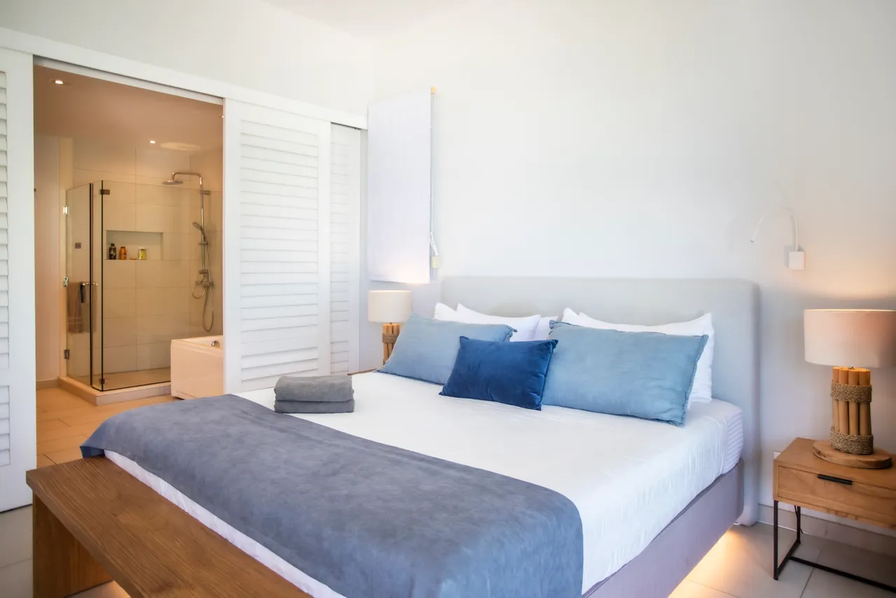 Chambre avec lit double, large fenêtre laissant entrer la lumière naturelle. Mobilier en bois clair et textiles doux pour un aménagement fonctionnel. Salle de bain attenante avec douche à l'italienne accessible. Éclairage doux créant une ambiance calme et reposante.