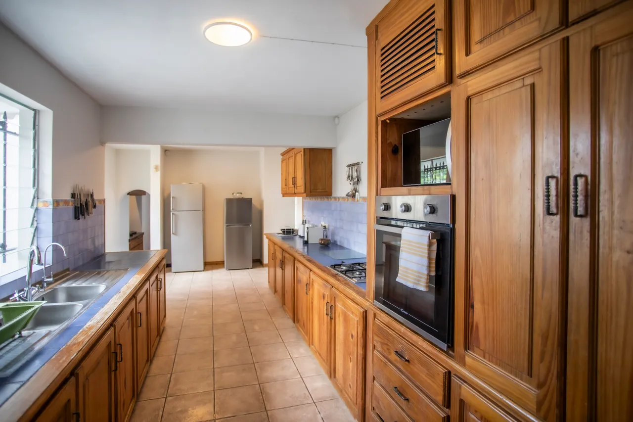 Cuisine. Agencement linéaire avec meubles en bois, électroménagers encastrés et grandes fenêtres. Surface de travail carrelée.