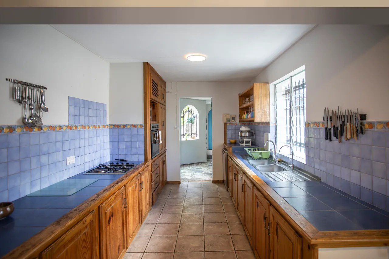 Cuisine avec carrelage au sol et plans de travail en bois. Équipements électroménagers intégrés et fenêtres lumineuses.
