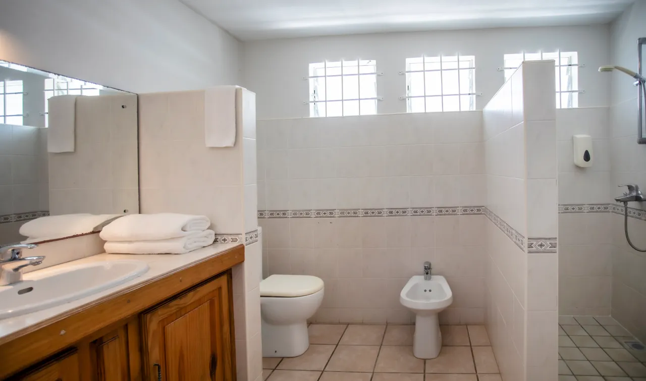 Salle de bains. Lavabo en bois avec rangements et miroir. Carrelage clair au sol.