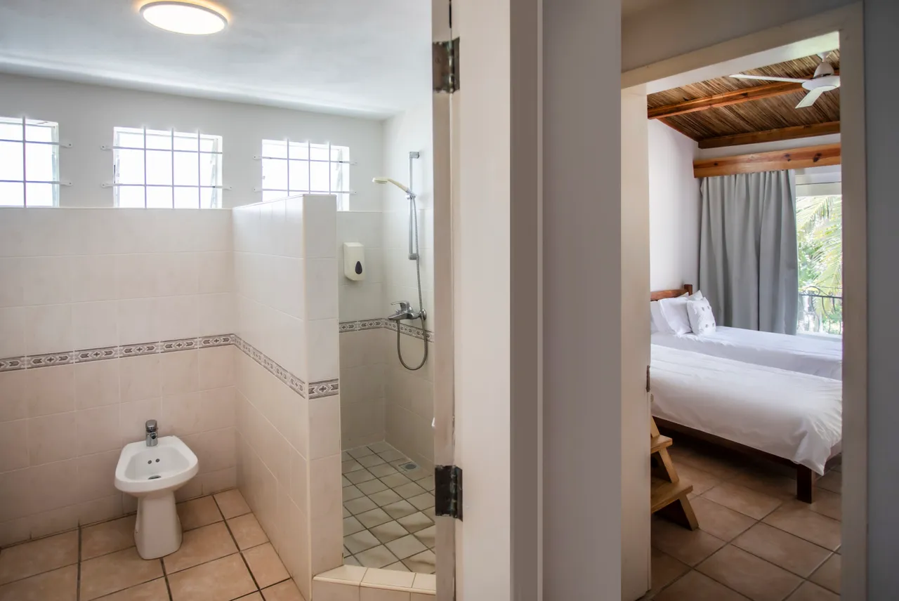 Douche spacieuse avec carrelage clair et parois en faïence. Éclairage naturel des fenêtres.