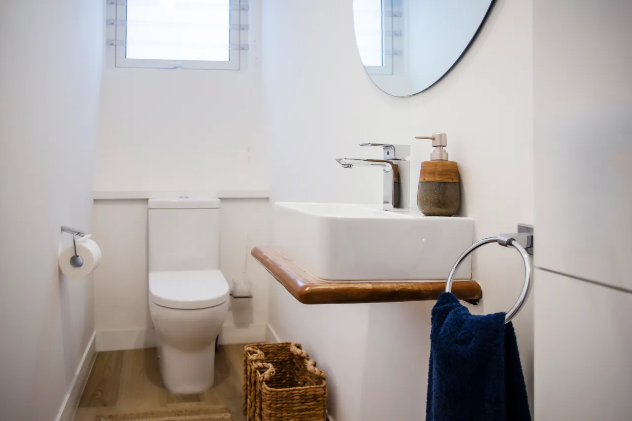 Toilette avec un lavabo moderne et un miroir rond.  
Éclairage naturel provenant de la fenêtre assurant une bonne visibilité.  
Espace de rangement sous le lavabo pour les accessoires de salle de bain.  
Décoration minimaliste avec des teintes claires et neutres.  
Sol en bois créant une atmosphère agréable dans la pièce.