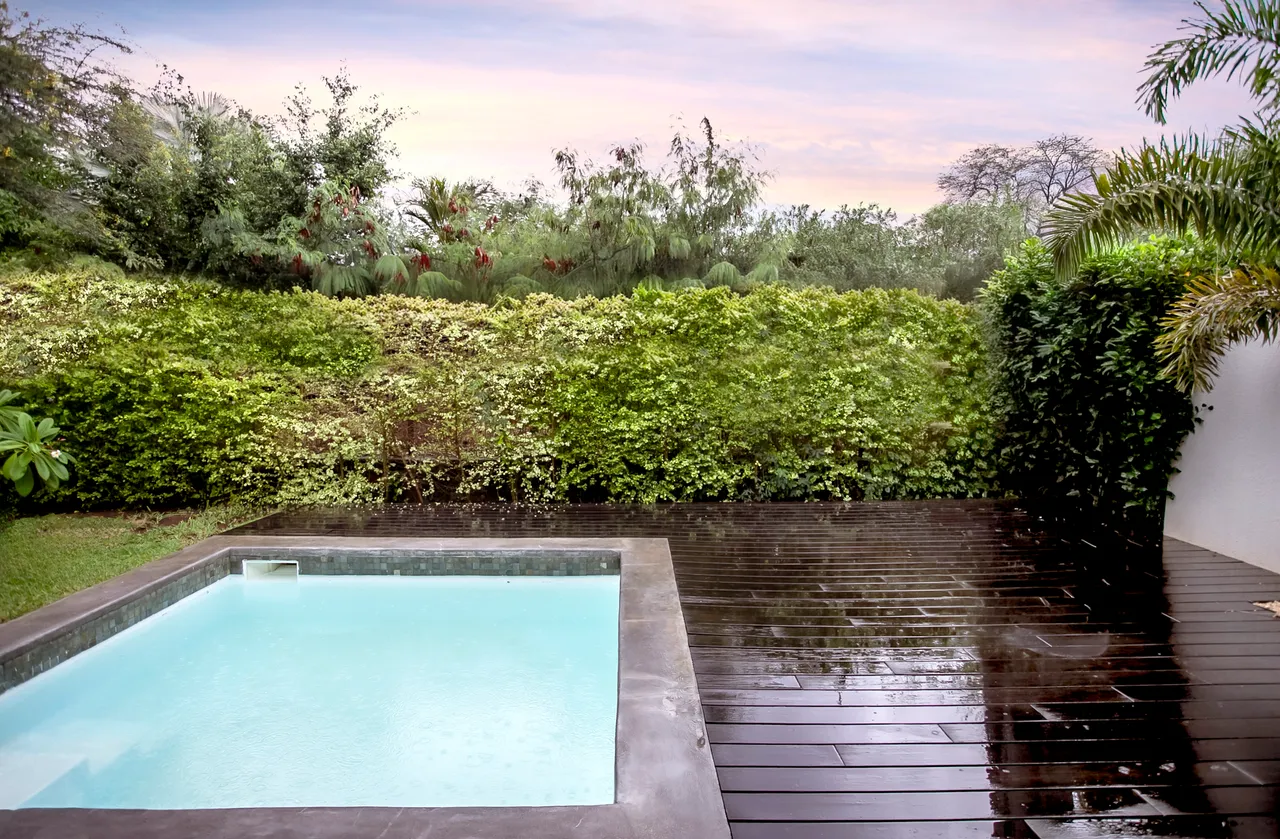 Espace extérieur avec piscine intégrée et terrasse en bois.  
Végétation environnante offrant une certaine intimité et fraîcheur.  
Revêtement en bois facilitant l'accès à la piscine.  
Ambiance calme et sereine grâce à la nature environnante.  
Dimensions de la piscine adaptées pour des moments de détente.