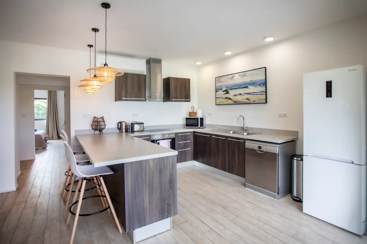 Cuisine équipée avec un bar à petit-déjeuner et éclairage suspendu.  
Mobilier moderne en bois clair créant une atmosphère accueillante.  
Espace de rangement fonctionnel avec appareils électroménagers intégrés.  
Fenêtres laissant entrer la lumière naturelle et offrant une vue dégagée.  
Plan de travail spacieux facilitant la préparation des repas.