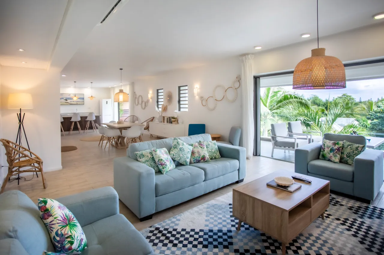 Tons clairs et pastel des canapés créant une atmosphère apaisante.  
Table basse en bois ajoutant une touche naturelle à l'espace.  
Éclairage suspendu en osier apportant une ambiance chaleureuse.  
Accès direct à la terrasse depuis le salon pour profiter de l'extérieur.  
Grandes baies vitrées favorisant une luminosité abondante dans l