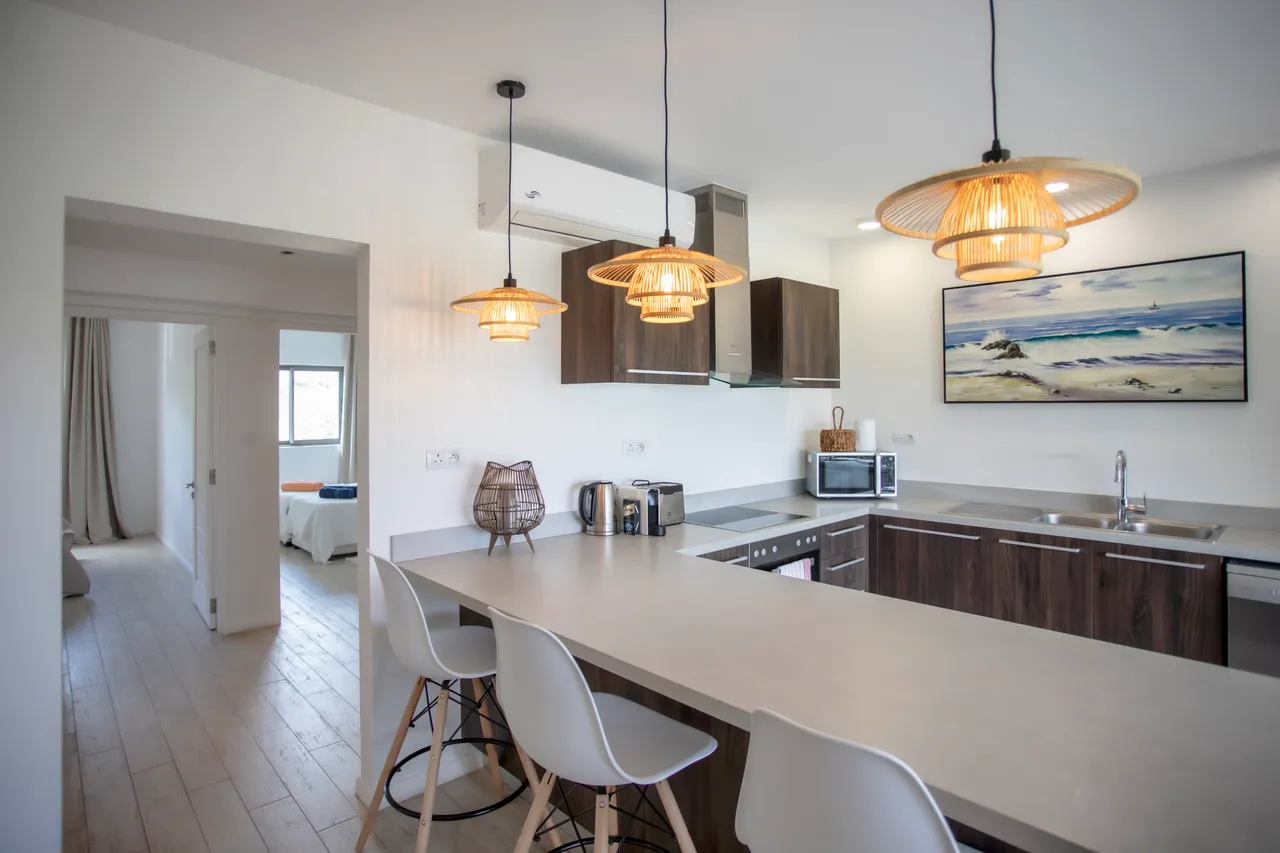 Cuisine ouverte avec bar et éclairage suspendu contemporain.  
Appareils électroménagers modernes intégrés pour un usage pratique.  
Plan de travail en surface lisse pour une préparation facile des repas.  
Sol en bois clair apportant une touche chaleureuse à l'espace.  
Décoration murale avec une toile illustrant un paysage marin.