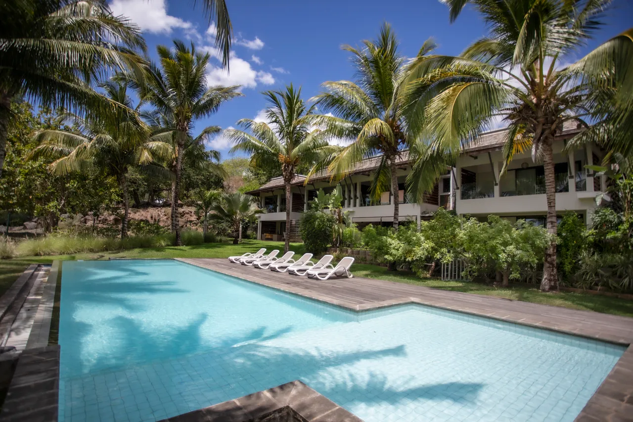 Piscine vaste entourée de chaises longues et de verdure.  
Jardin bien entretenu offrant un cadre paisible et naturel.  
Terrasse en bois adjacente, idéale pour se détendre.  
Palmiers ajoutent une touche tropicale à l'environnement extérieur.  
Vue dégagée sur le ciel et la végétation environnante.