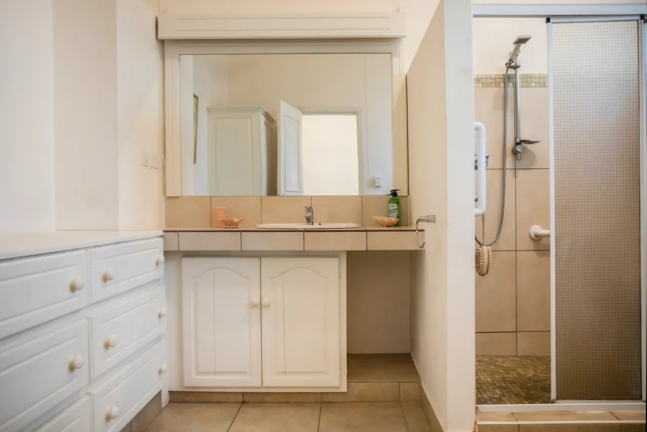 Salle de bain éclairée par une fenêtre, avec un meuble de rangement intégré. Douche spacieuse et carrelage clair au sol.