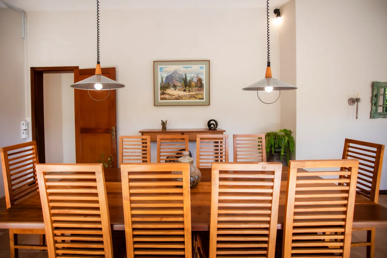 Espace repas spacieux avec une grande table en bois et chaises en bois clair. Luminaires suspendus apportent une touche de style à la pièce. Accès à la galerie et vue sur l'extérieur. Plantes ajoutent une note de verdure à l'environnement.