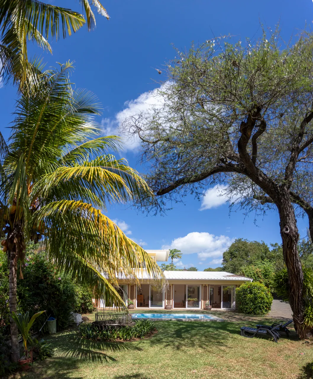 Lumière naturelle abondante dans le bungalow, entouré de verdure et de palmiers. La piscine est visible à l'arrière, offrant un accès direct au jardin.