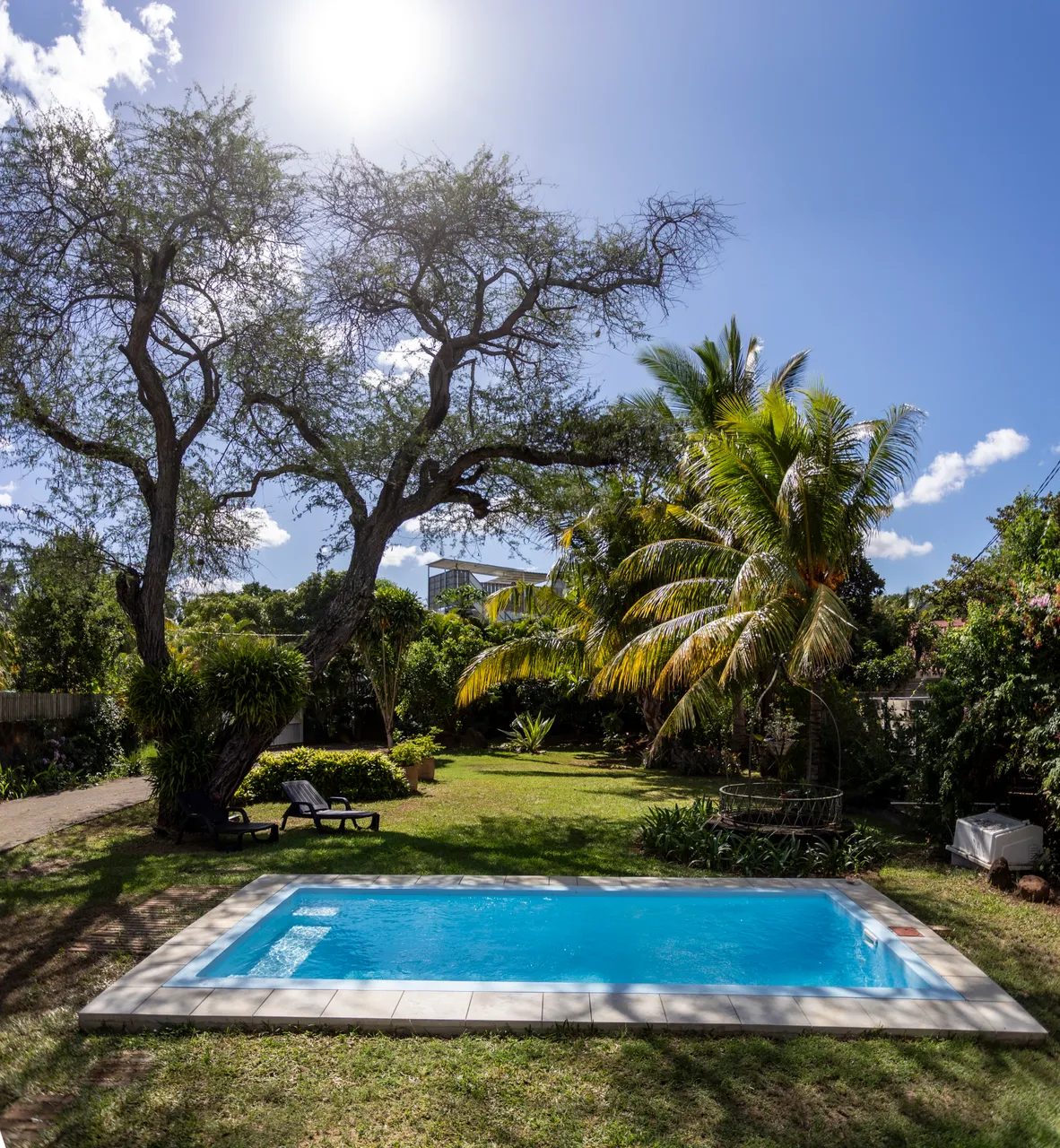 Espace extérieur avec une petite piscine, entouré d'une pelouse bien entretenue. Deux chaises longues sont disposées pour se détendre au soleil.