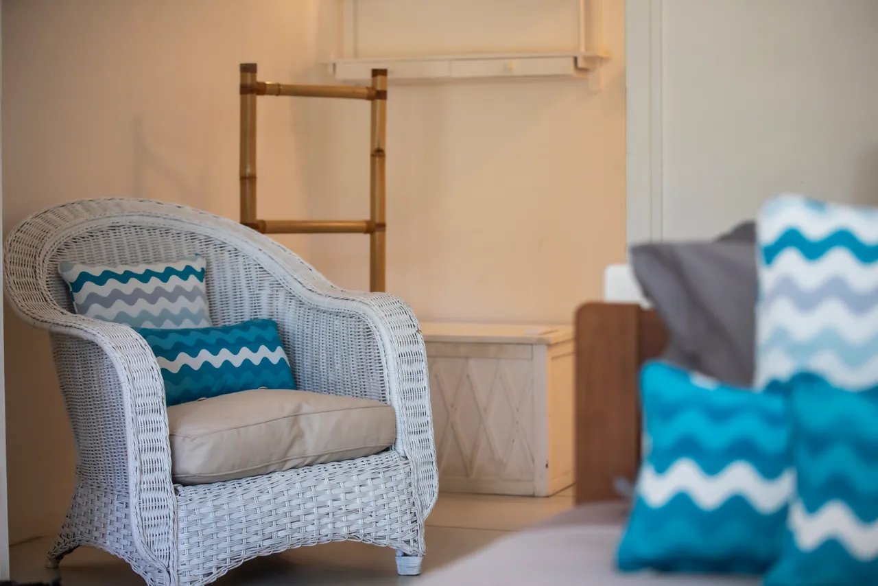 Chaise en osier blanc avec coussins bleu en relief, offrant un coin détente.