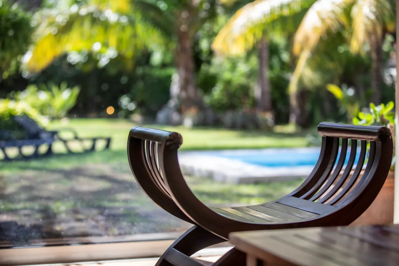 Chaise en bois courbée, offrant une vue sur le jardin et la piscine. Les palmiers entourent l'espace extérieur.