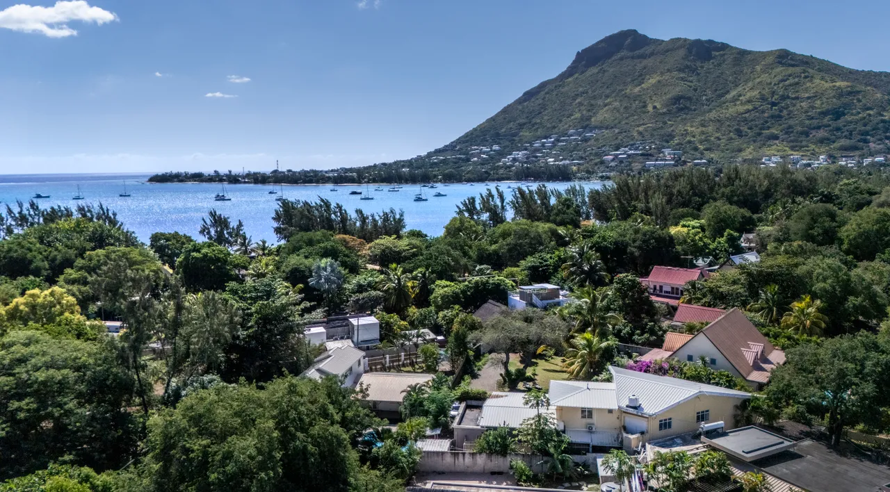 Vue sur la mer et la montagne, avec plusieurs bateaux dans la baie. Végétation dense entoure les habitations.