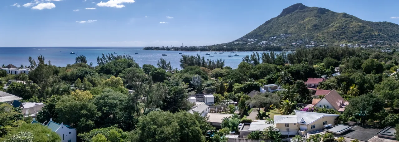 Vue sur le paysage verdoyant mêlant habitations et végétation tropicale. La mer s'étend au loin.