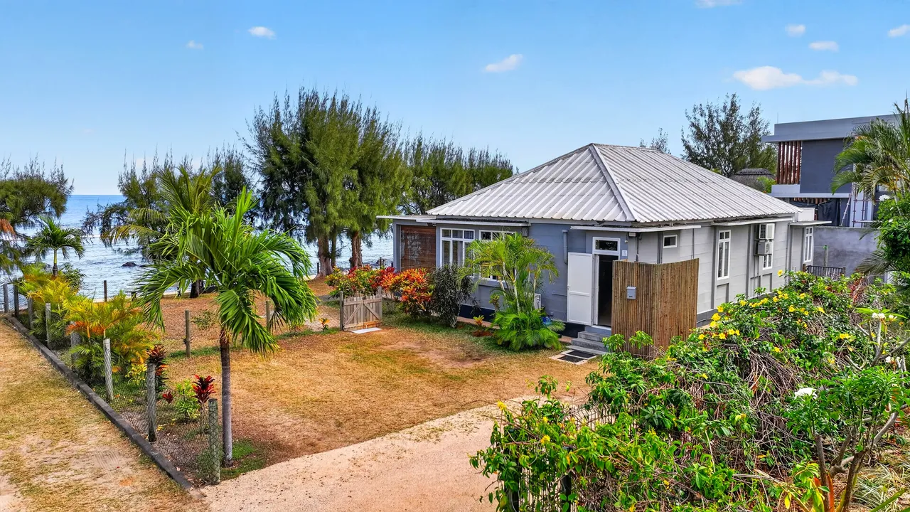 Le bungalow apparaît derrière une pelouse sèche, bordée de palmiers et d’arbustes.